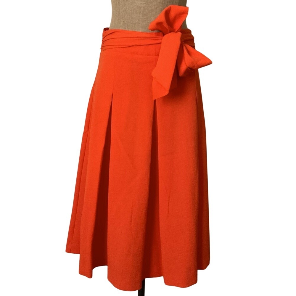 Ann Taylor Orange Red Pleated A-Line Midi Skirt with Tie Waist Size 4
